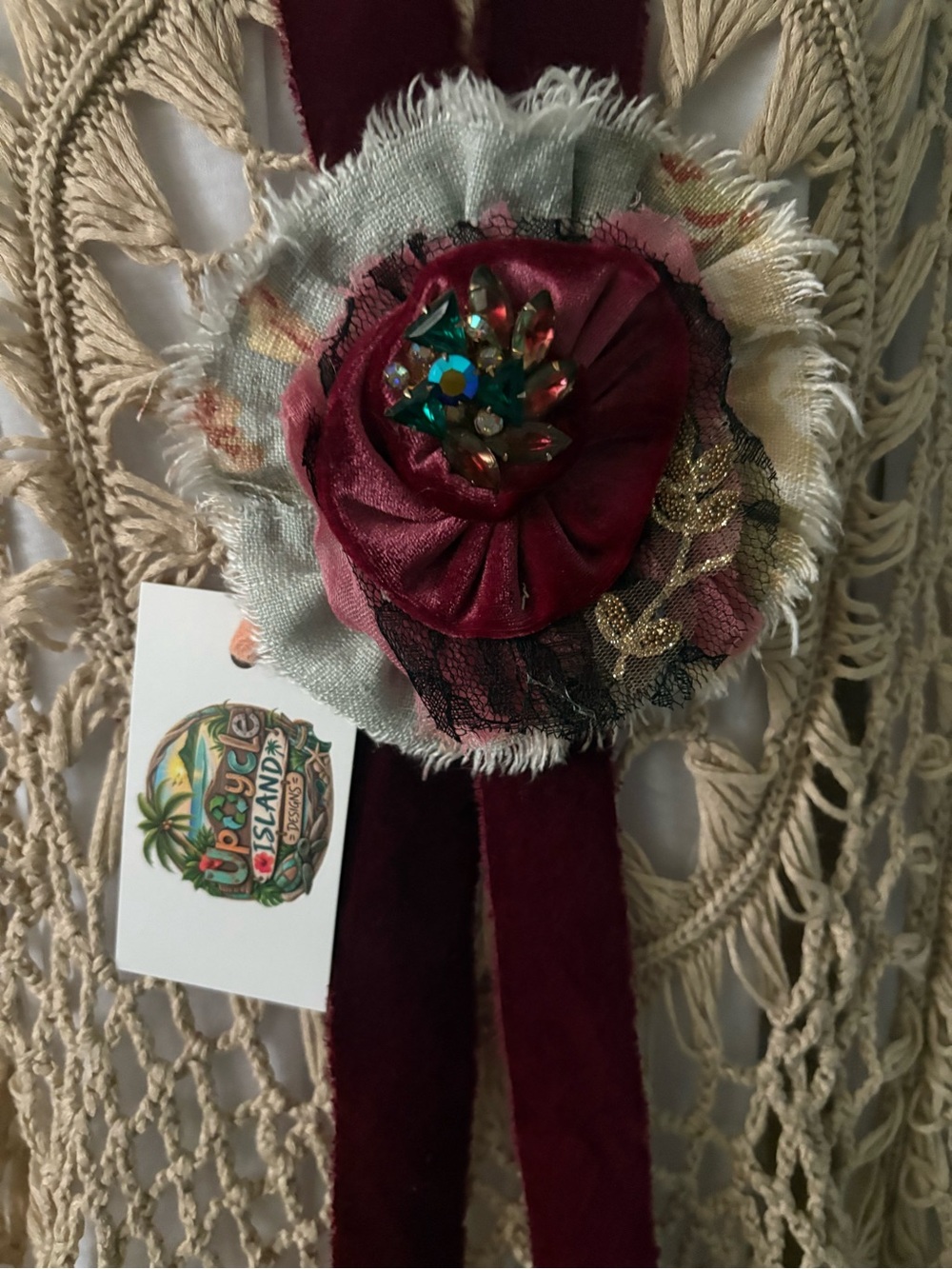 Handmade Floral Velvet Jabot in Burgundy and Teal Necklace Brooch Choker